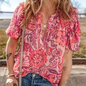 Olivaceous Multicolor Floral Blouse with Ruffle Sleeves Size Large